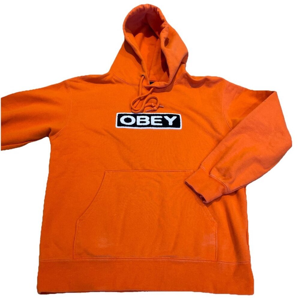 VTG Obey Hoodie Sweatshirt Mens Size S Orange Logo Streetwear Skater Y2K